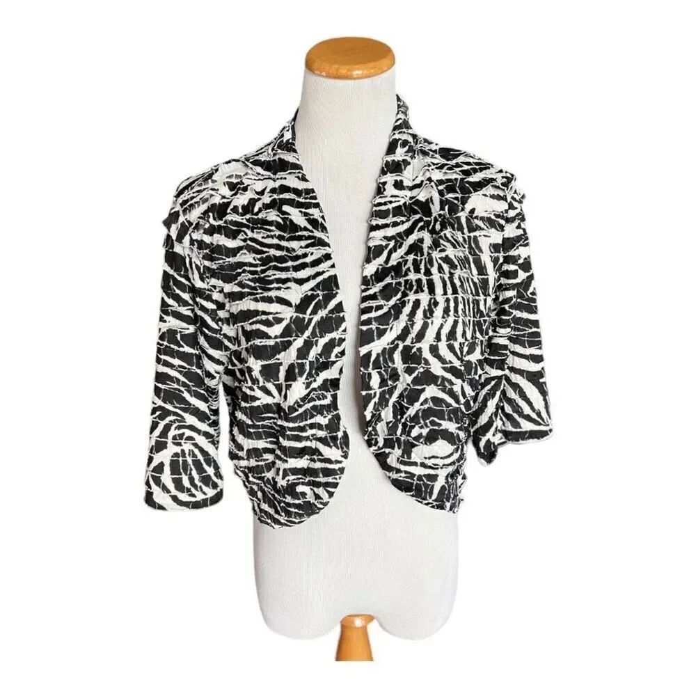 Womens Lennie by Nina Leonard Animal Print Ruffle Cropped Jacket Blazer - Sz L